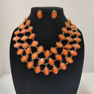 Vintage Jewerly Set Apricot Bib Statement Necklace w/Earrings Bold Oval Acrylic
